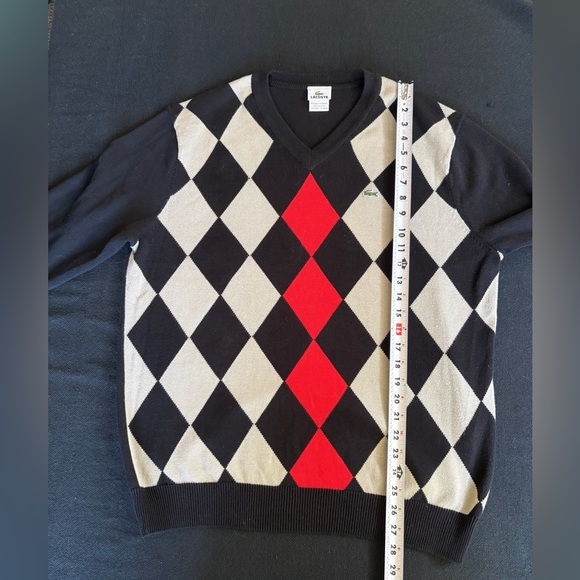 LACOSTE Mens Argyle Diamond Black Red Sweater. 5 - Picture 7 of 11